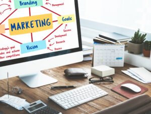 Digital marketing campaign strategy displayed on a computer screen with SEO, social media, content marketing, paid ads, and analytics